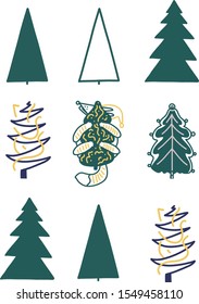 Christmas tree collection. Flat modern style. Fox hiding behind a Christmas tree