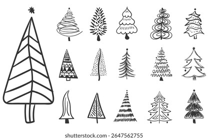 Christmas tree collection. Hand drawn vector symbols with gift, star and flower decor. Cute illustration for new year celebration. Retro pink elements and traditional fir for holiday greeting.

