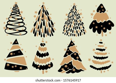 Christmas Tree Collection illustration vector. Gold Christmas tree. Black Christmas Tree. radial tree vector set