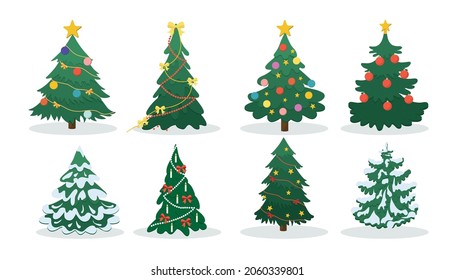 Christmas tree collection. Modern Xmas flat design vector illustration. New year pines decorated with snow, garland, candle, bow, ornaments. Cartoon Christmas tree set for greeting card, banner, web