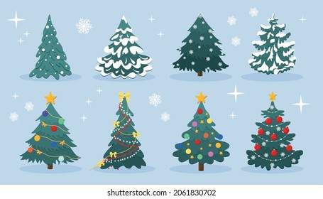 Christmas tree collection. Modern Xmas flat design vector illustration. New year pines decorated with snow, garland, candle, bow, ornaments. Cartoon Christmas tree set for greeting card, banner, web