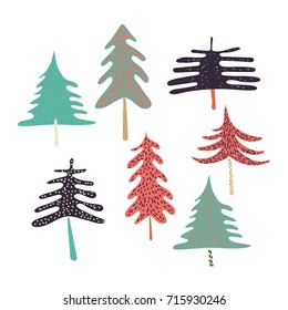 Christmas tree collection.  New Year or Christmas design element. Hand drawn vector illustration.