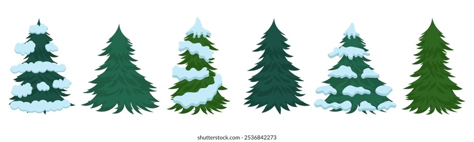 Christmas tree collection with snow on a white background