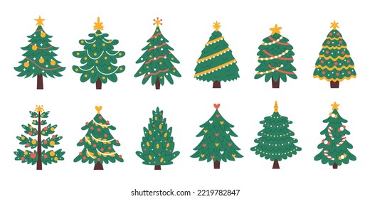 Christmas tree collection. Traditional Xmas fir decorated for winter holidays. New year celebration. Festive firtree with stars, ornaments, baubles and lights. Minimalistic flat vector illustration 