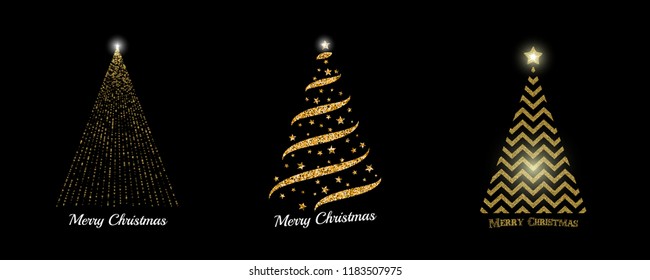 Christmas tree collection. Vector golden sparkling Christmas tree illustrations for background, card, banner design.