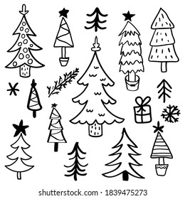 Christmas tree collection. Xmas design series. New Year or Christmas design elements. Doodle holiday clipart. Vector illustration. 