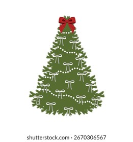 Christmas tree with color bows. New year decoration. Christmas decor. Bows set. Simple hand drawn ribbon bows. Bowknot for decoration, set of bowtie. Retro Christmas card . Wonderful winter time.