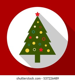 Christmas tree color on red background with long shadow. Vector illustration for Christmas and New Year card. Flat design. EPS10.