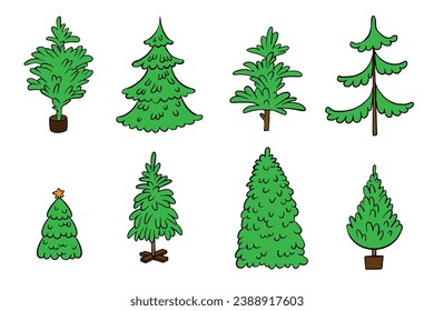 Conjunto de vector de contorno de color del árbol de Navidad. Ilustración del árbol de Navidad de caricatura, pino Evergreen, abeto Decoración de año nuevo. Símbolo de invierno aislado para tarjeta, cartel de venta, ilustración, diseño de libros.