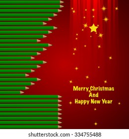 Christmas Tree From Color Pencil, Merry Christmas And Happy New Year Background. Vector Illustration