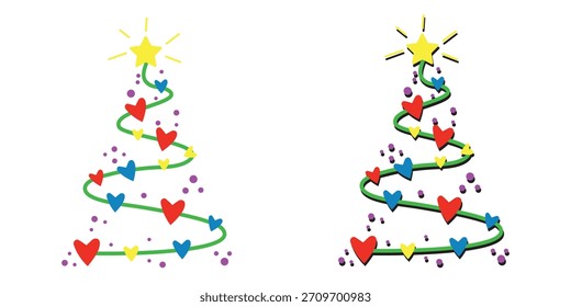 Ilustración vectorial de color de árbol de Navidad. Festivo de hoja perenne con adornos, luces y decoración navideña. Perfecto para tarjetas de Navidad, diseños de invierno y decoraciones de temporada.