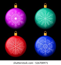 Christmas tree colored balls with snowflakes. Vector illustration.