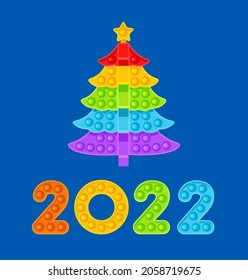 Christmas tree and colored numbers 2022. New Year, anti-stress toy. Vector illustration on blue background