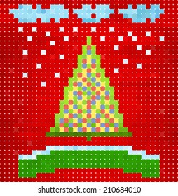 Christmas tree with colorful balls, garland and green ribbon.