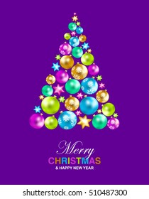 Christmas tree with colorful christmas balls. Merry Christmas and Happy New Year greeting card. Vector illustration. 