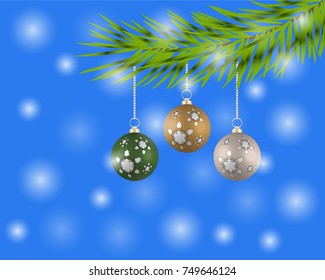 Christmas tree with colorful balls on a blue background.