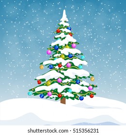 Christmas tree with colorful baubles. illustration. festive background. Mery Christmas. Happy new year