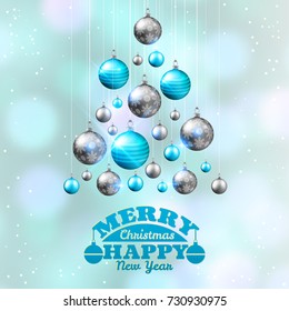 Christmas tree with colorful baubles postcard vector illustration