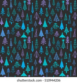 Christmas tree colorful big green blue seamless pattern black background spruce fir tree simple drawing