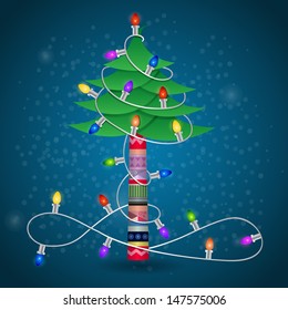 Christmas tree with colorful garland winter postcard