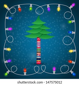 Christmas tree with colorful garland winter postcard
