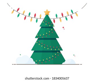 Christmas tree with colorful garlands and shining star. Eve of the New Year. Decorated Pine tree. Postcard for xmas. Winter holidays. December event. 2021. Green. Eps 10