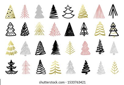 Christmas tree colorful hand drawn set white vector illustration  Winter holidays postcard decorated by colorful sketch wood  Card and traditional Xmas fir  tree