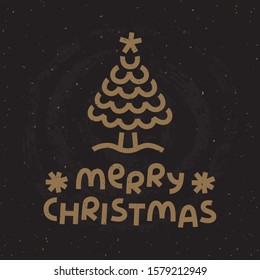 Christmas tree with colorful lettering in vector. Golden color logotype for stylish decorations and souvenirs.