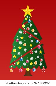 Christmas tree with colorful ornaments on red background. Vector illustration. 