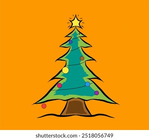 un árbol de Navidad con adornos coloridos y una estrella en la parte superior, sobre un fondo naranja. Es festivo y sencillo, perfecto para diseños con temática navideña.