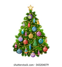 Christmas tree with colorful ornaments, vector illustration