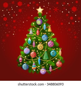 Christmas tree with colorful ornaments, vector illustration