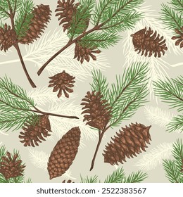 Christmas tree colorful pattern seamless with pine cones and branches from firs for advertising design pre-New Year sales vector illustration