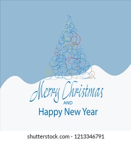 A Christmas tree of colorful scribbles over snowy mountains. Lettering Merry Christmas and Happy New Year. Card vector Illustration.