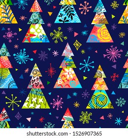 Christmas tree colorful seamless pattern stars snowflakes. New Year forest landscape sketch design wallpaper texture. Hand drawn vector illustration.