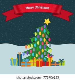 Christmas tree with colorful toys with gift boxes on snow and red ribbon with the inscriptions Happy Christmas. Vector illustration.
