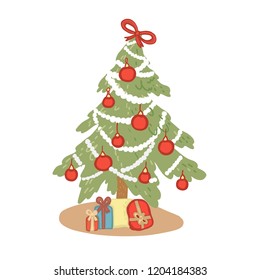 Christmas tree  and colorful wrapped gift  with ribbon bows lying under Christmas tree. Lots of winter holiday presents. Congratulation card template. Flat vector illustration isolated on white
