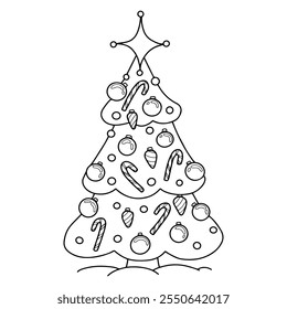 Christmas tree coloring book hand drawn. Fir decorated with glass balls, toys, candy cane. Pine, spruce. Festive star. Holiday, celebration. Vector line art illustration. Page for kids and adults.