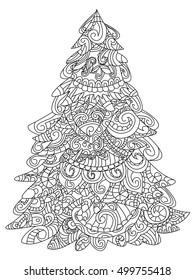 Christmas tree coloring book vector illustration. Anti-stress coloring for adult. Zentangle style. Black and white lines. Lace pattern