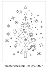 A Christmas tree coloring page featuring stars and various shapes for creative coloring activities