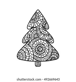 Christmas tree. Coloring page with high details isolated on white background.  Ink pen. Zentangle pattern for relax and meditation.