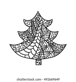 Christmas tree. Coloring page with high details isolated on white background.  Ink pen. Zentangle pattern for relax and meditation.