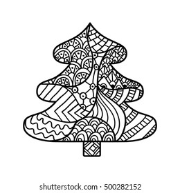 Christmas tree. Coloring page with high details isolated on white background. Zentangle pattern for relax and meditation.