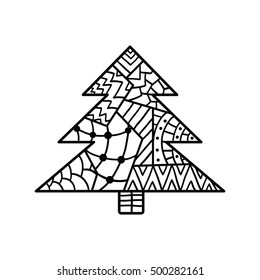 Christmas tree. Coloring page with high details isolated on white background. Zentangle pattern for relax and meditation.