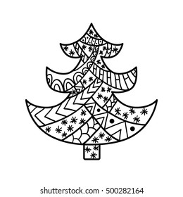 Christmas tree. Coloring page with high details isolated on white background. Zentangle pattern for relax and meditation.