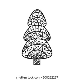 Christmas tree.  Coloring page with high details isolated on white background. Zentangle pattern for relax and meditation.