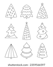 Christmas tree. Coloring Page. Holiday party and celebration. Happy New Year. Vector drawing. Collection of design elements.
