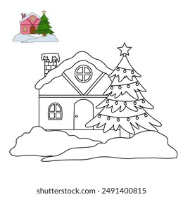 Christmas tree coloring page for kids illustration vector. A black and white drawing of a christmas tree with presents. Christmas with decorated tree. Lovely houses in a snowy valley. Winter Season.