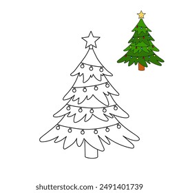 Christmas tree coloring page for kids illustration vector. A black and white drawing of a christmas tree with presents. Christmas with decorated tree.