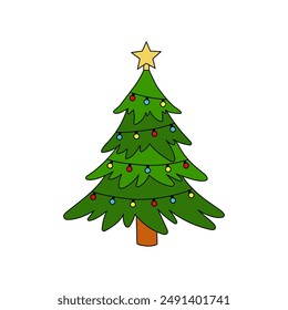 Christmas tree coloring page for kids illustration vector. A black and white drawing of a christmas tree with presents. Christmas with decorated tree.